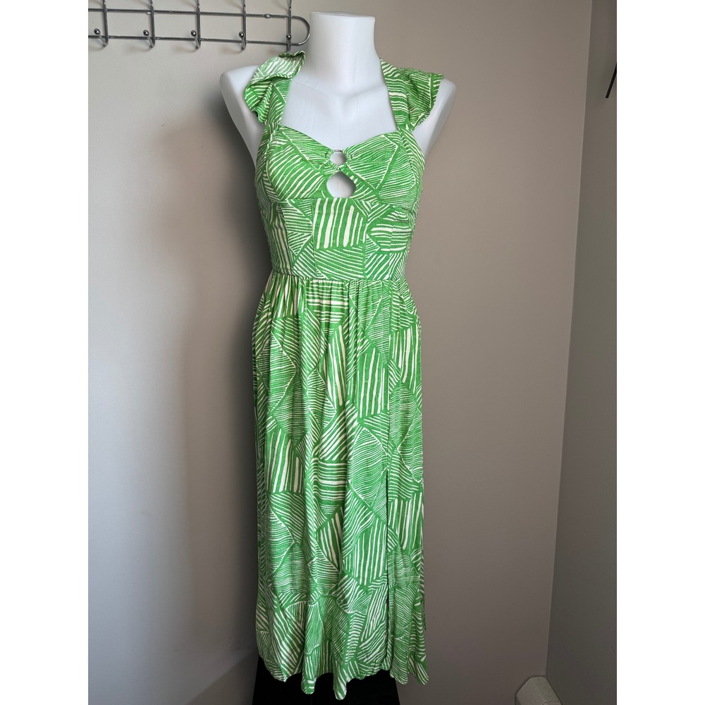 Land of the Free Womens Green Ivory Geometric Midi Dress Boho Tropical XS